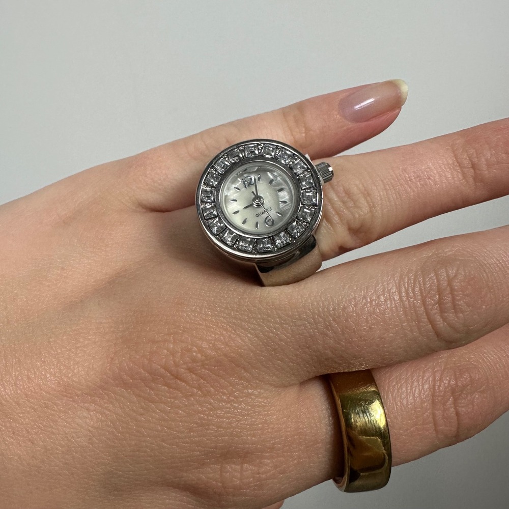 Silver Tone Stainless Steel Crystal Encrusted Quartz Ring Watch w/ Stretchy Band - Picture 3 of 6